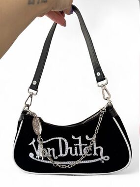 Von Dutch Black & White Rhinestone Velvet Shoulder Bag